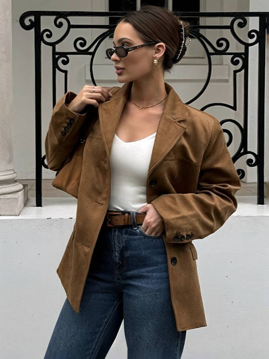 Levoire | Blazer En Daim Avec Poches À Bouton Manches Longues Femme Décontracté Large Oversized Manteau Braun