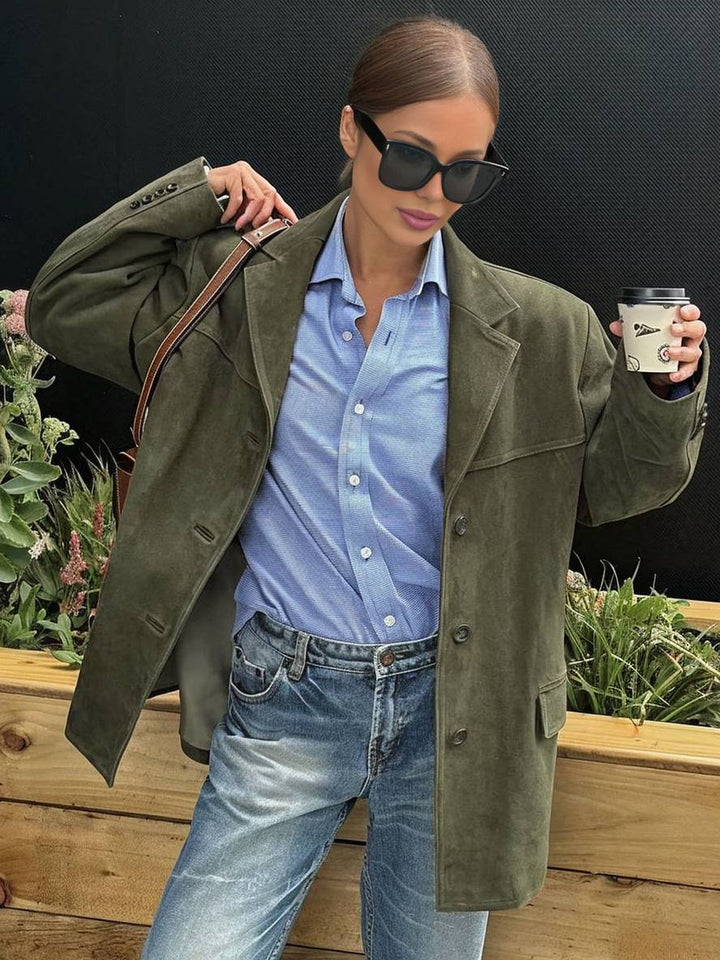 Levoire | Blazer En Daim Boutons Poches Longues Manche Femmes Élégant Vintage Décontracté Veste En Daim Vert