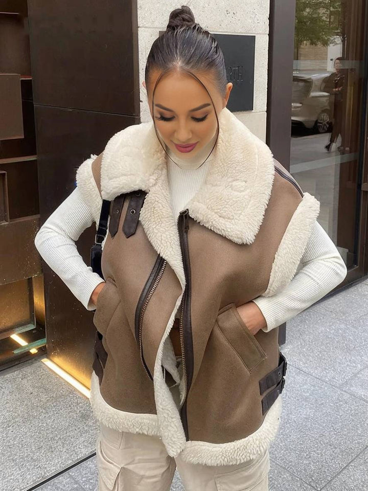 Levoire | Veste Manteau D'Avion Double À Poches En Polaire Ceinture Col À Revers Sans Manches Femmes Décontracté Hiver Manteau Chameau