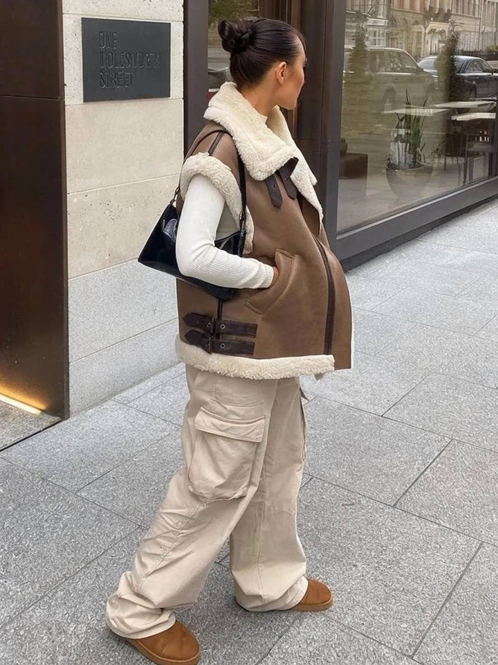 Levoire | Veste Manteau D'Avion Double À Poches En Polaire Ceinture Col À Revers Sans Manches Femmes Décontracté Hiver Manteau