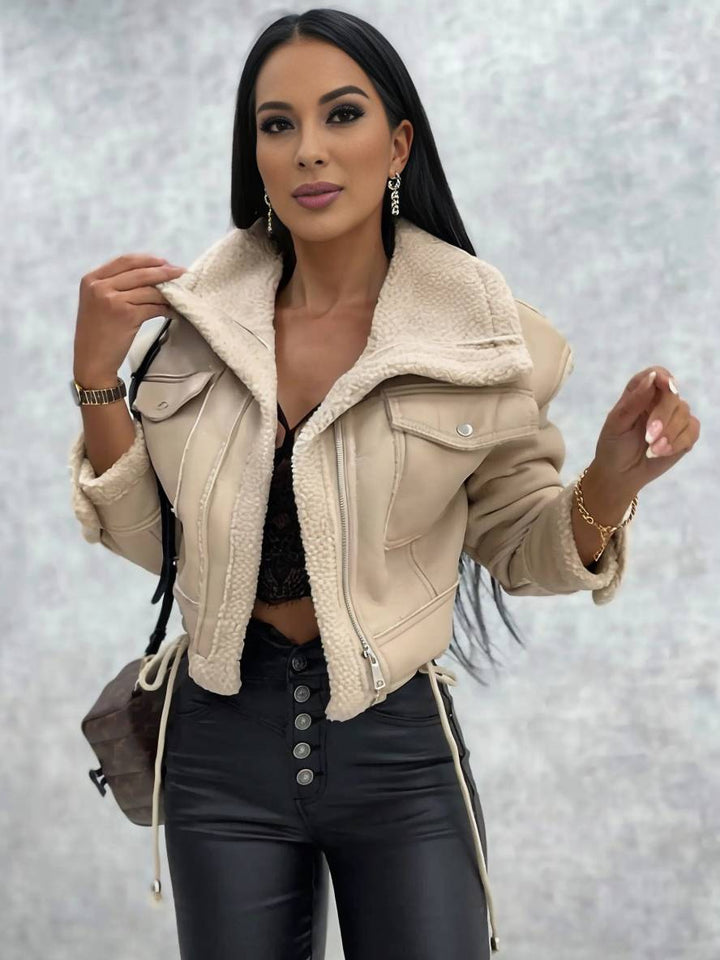 Levoire | Veste Aviateur Courte En Cuir Synthétique, Fourrure De Mouton, Poches Polaires, Col À Revers, Manches Longues, Femme, Bomber Beige