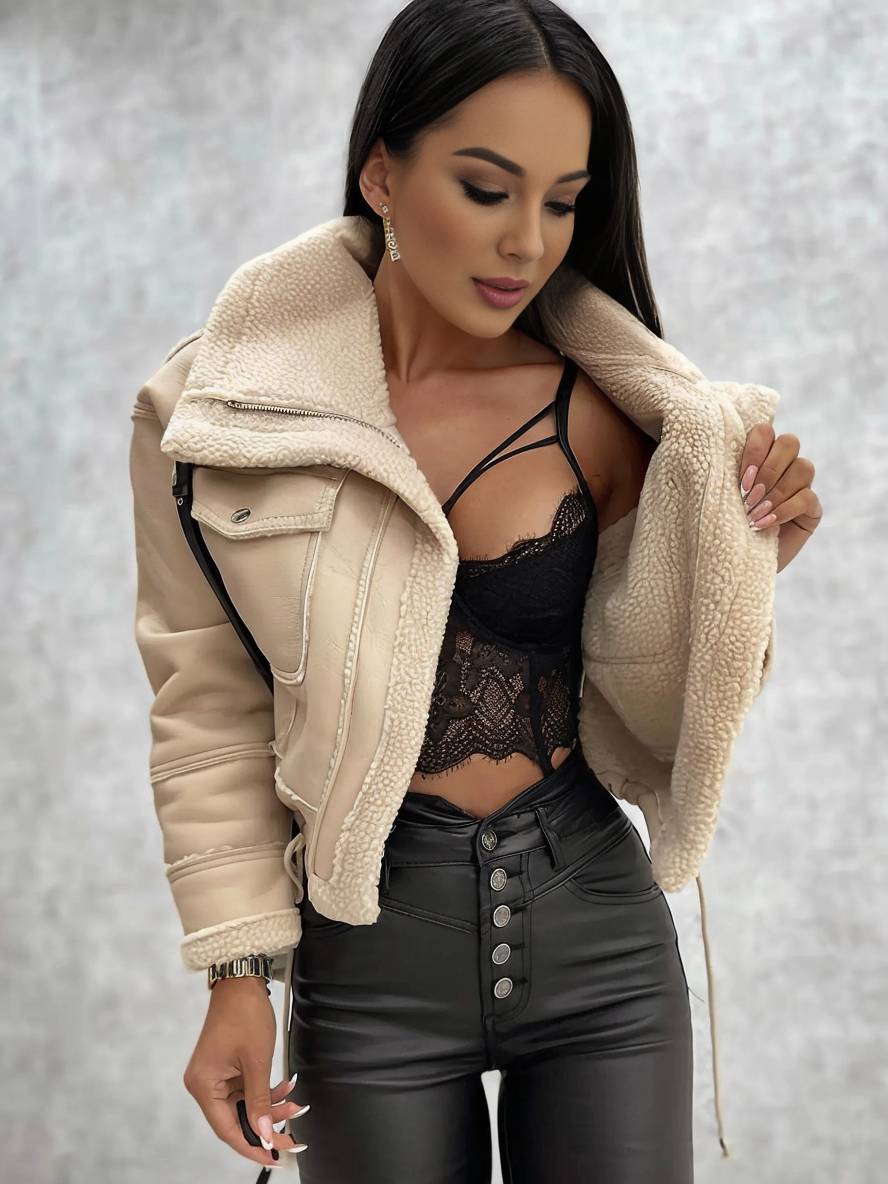 Levoire | Veste Aviateur Courte En Cuir Synthétique, Fourrure De Mouton, Poches Polaires, Col À Revers, Manches Longues, Femme, Bomber