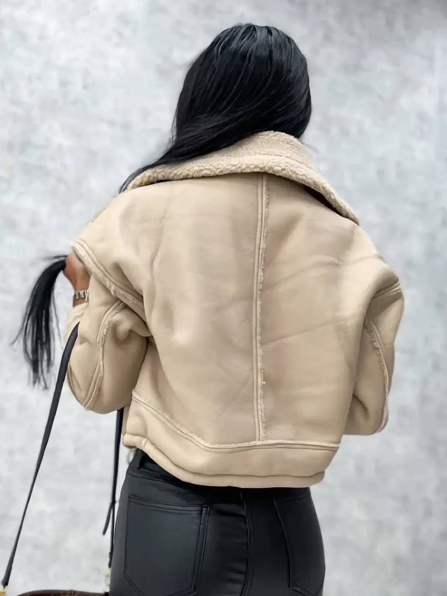 Levoire | Veste Aviateur Courte En Cuir Synthétique, Fourrure De Mouton, Poches Polaires, Col À Revers, Manches Longues, Femme, Bomber