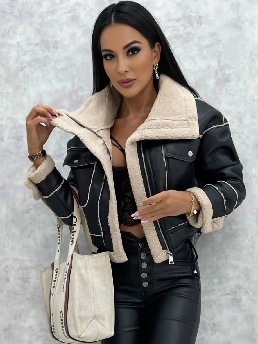 Levoire | Veste Aviateur Courte En Cuir Synthétique, Fourrure De Mouton, Poches Polaires, Col À Revers, Manches Longues, Femme, Bomber