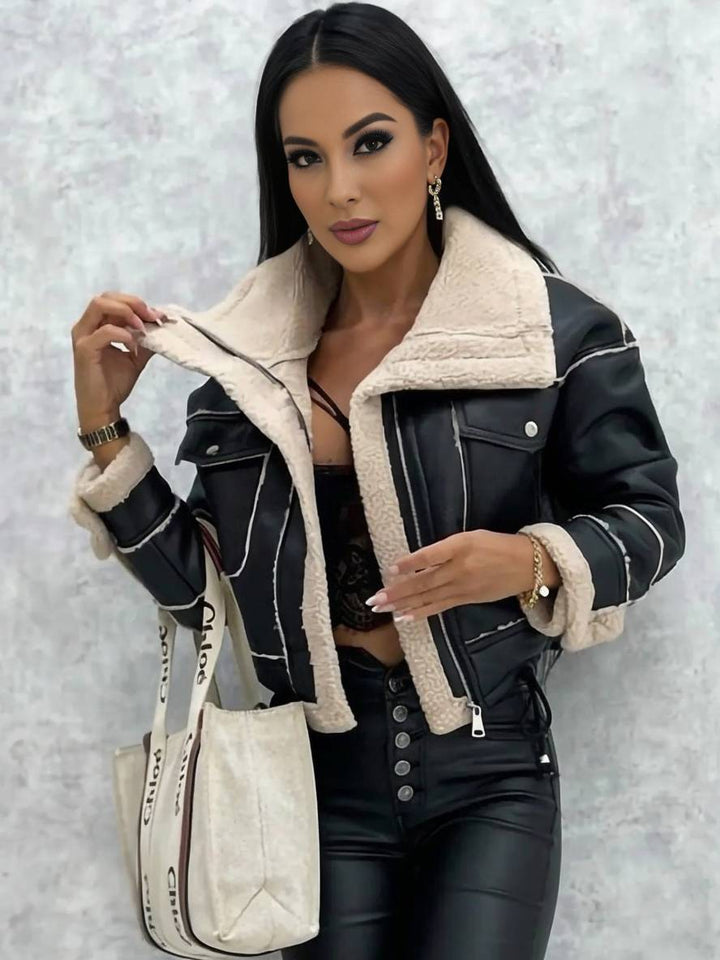 Levoire | Veste Aviateur Courte En Cuir Synthétique, Fourrure De Mouton, Poches Polaires, Col À Revers, Manches Longues, Femme, Bomber
