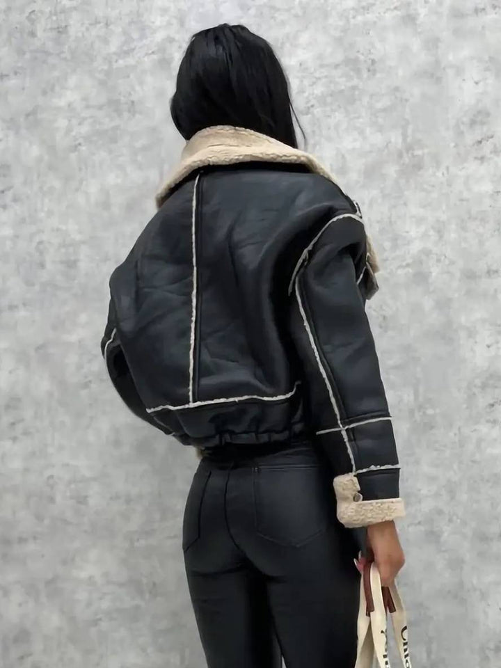 Levoire | Veste Aviateur Courte En Cuir Synthétique, Fourrure De Mouton, Poches Polaires, Col À Revers, Manches Longues, Femme, Bomber
