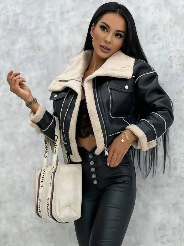 Levoire | Veste Aviateur Courte En Cuir Synthétique, Fourrure De Mouton, Poches Polaires, Col À Revers, Manches Longues, Femme, Bomber
