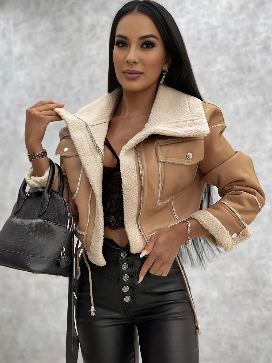 Levoire | Veste Aviateur Courte En Cuir Synthétique, Fourrure De Mouton, Poches Polaires, Col À Revers, Manches Longues, Femme, Bomber Khaki