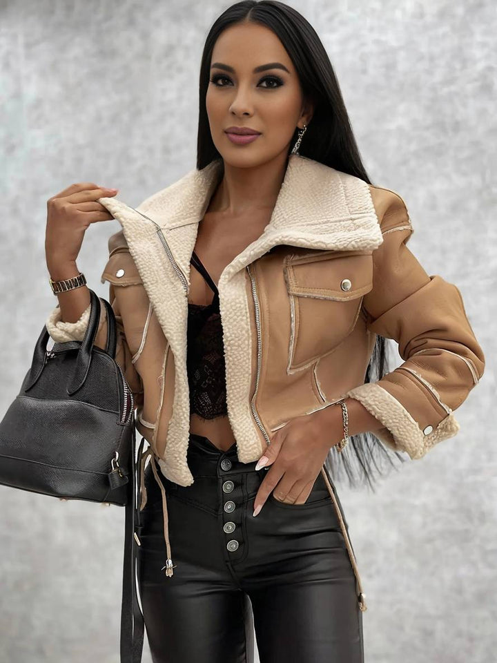 Levoire | Veste Aviateur Courte En Cuir Synthétique, Fourrure De Mouton, Poches Polaires, Col À Revers, Manches Longues, Femme, Bomber Khaki