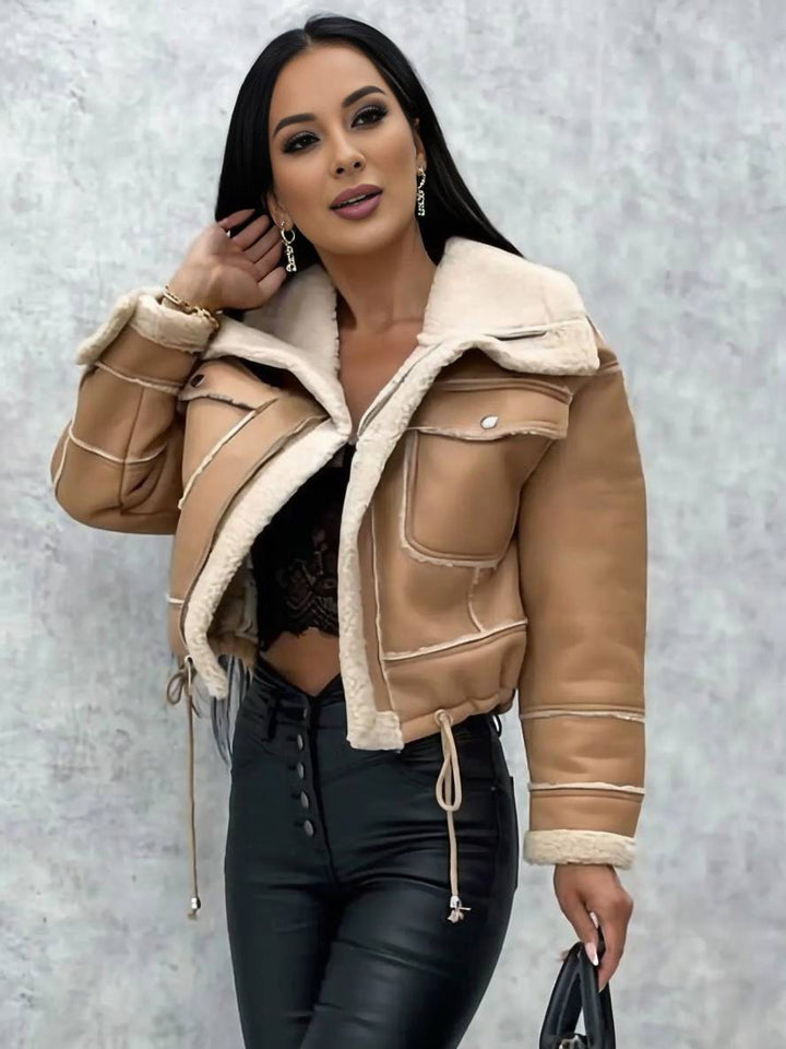 Levoire | Veste Aviateur Courte En Cuir Synthétique, Fourrure De Mouton, Poches Polaires, Col À Revers, Manches Longues, Femme, Bomber