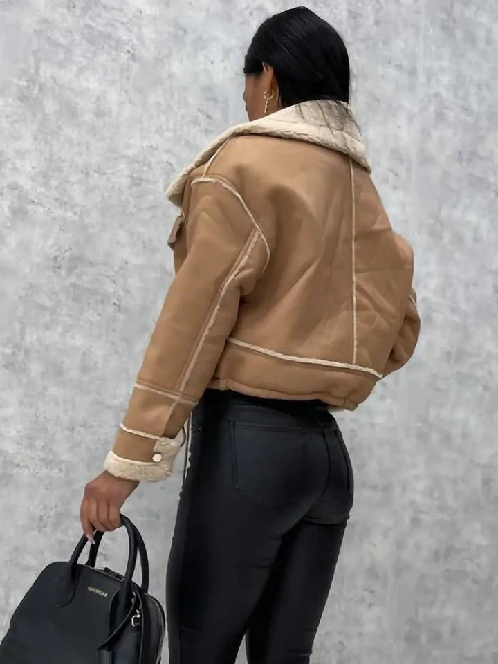 Levoire | Veste Aviateur Courte En Cuir Synthétique, Fourrure De Mouton, Poches Polaires, Col À Revers, Manches Longues, Femme, Bomber