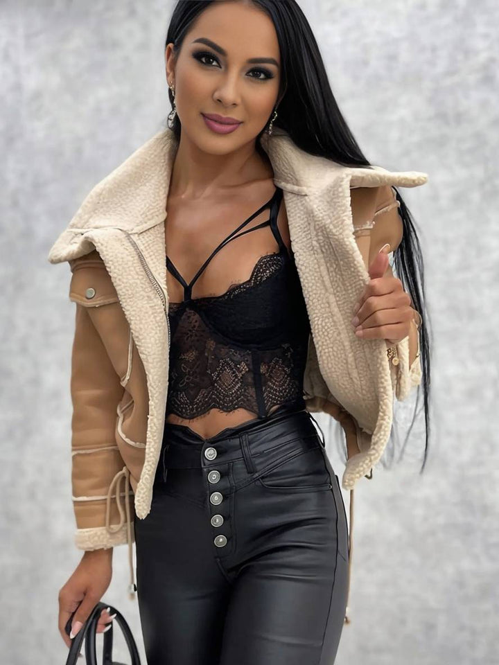 Levoire | Veste Aviateur Courte En Cuir Synthétique, Fourrure De Mouton, Poches Polaires, Col À Revers, Manches Longues, Femme, Bomber