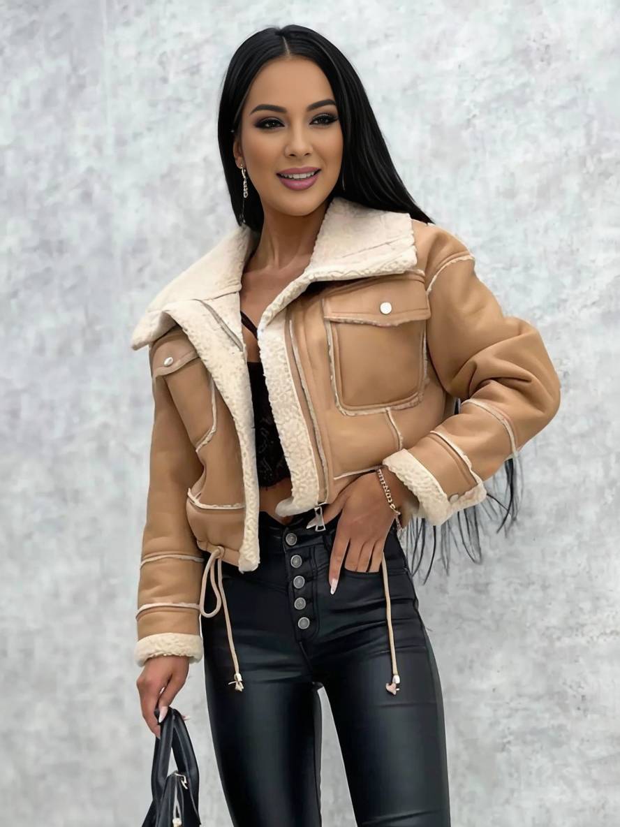 Levoire | Veste Aviateur Courte En Cuir Synthétique, Fourrure De Mouton, Poches Polaires, Col À Revers, Manches Longues, Femme, Bomber