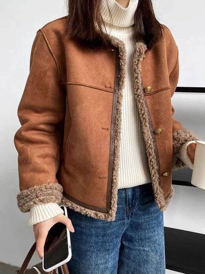 Levoire | Veste Pour Femme En Daim Polaire À Boutons, Col Rond, Manches Longues, Mode Femme Décontractée, Manteau D'Hiver Café