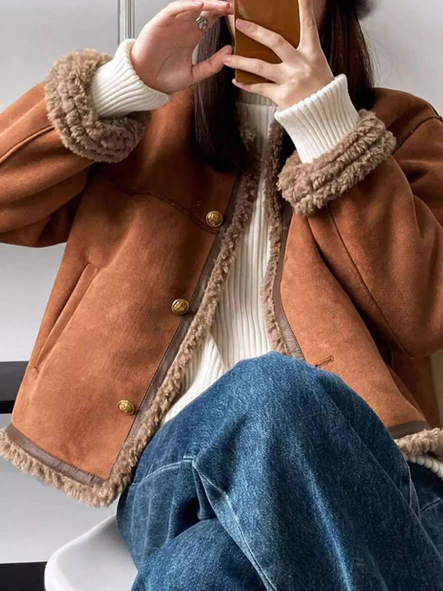 Levoire | Veste Pour Femme En Daim Polaire À Boutons, Col Rond, Manches Longues, Mode Femme Décontractée, Manteau D'Hiver