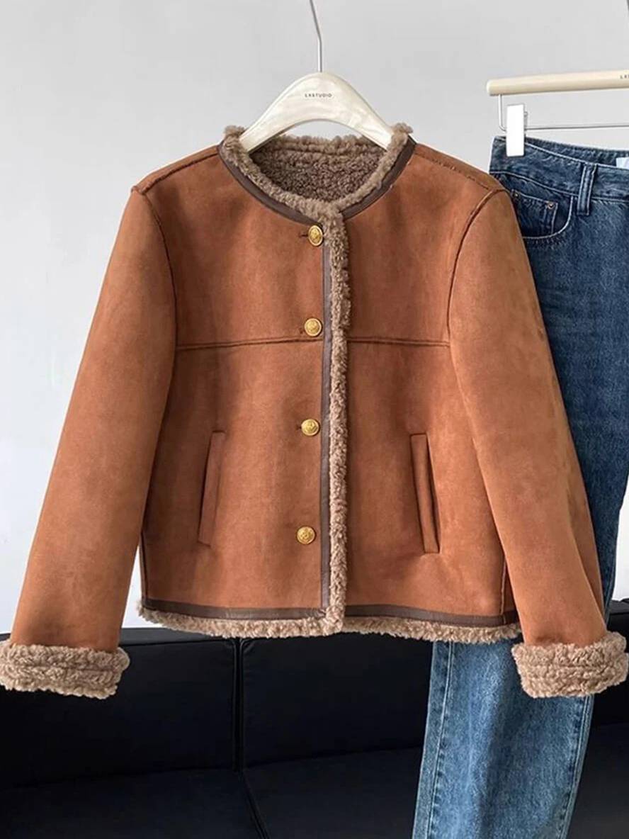 Levoire | Veste Pour Femme En Daim Polaire À Boutons, Col Rond, Manches Longues, Mode Femme Décontractée, Manteau D'Hiver