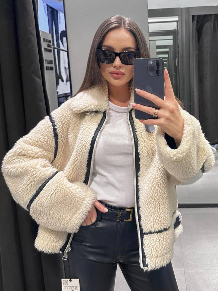 Levoire | Veste En Cuir Avec Effet Fourrure, Ceinture, Fermeture Éclair, Poches, Col Revers, Femmes, Manteau Bomber Décontracté Blanche
