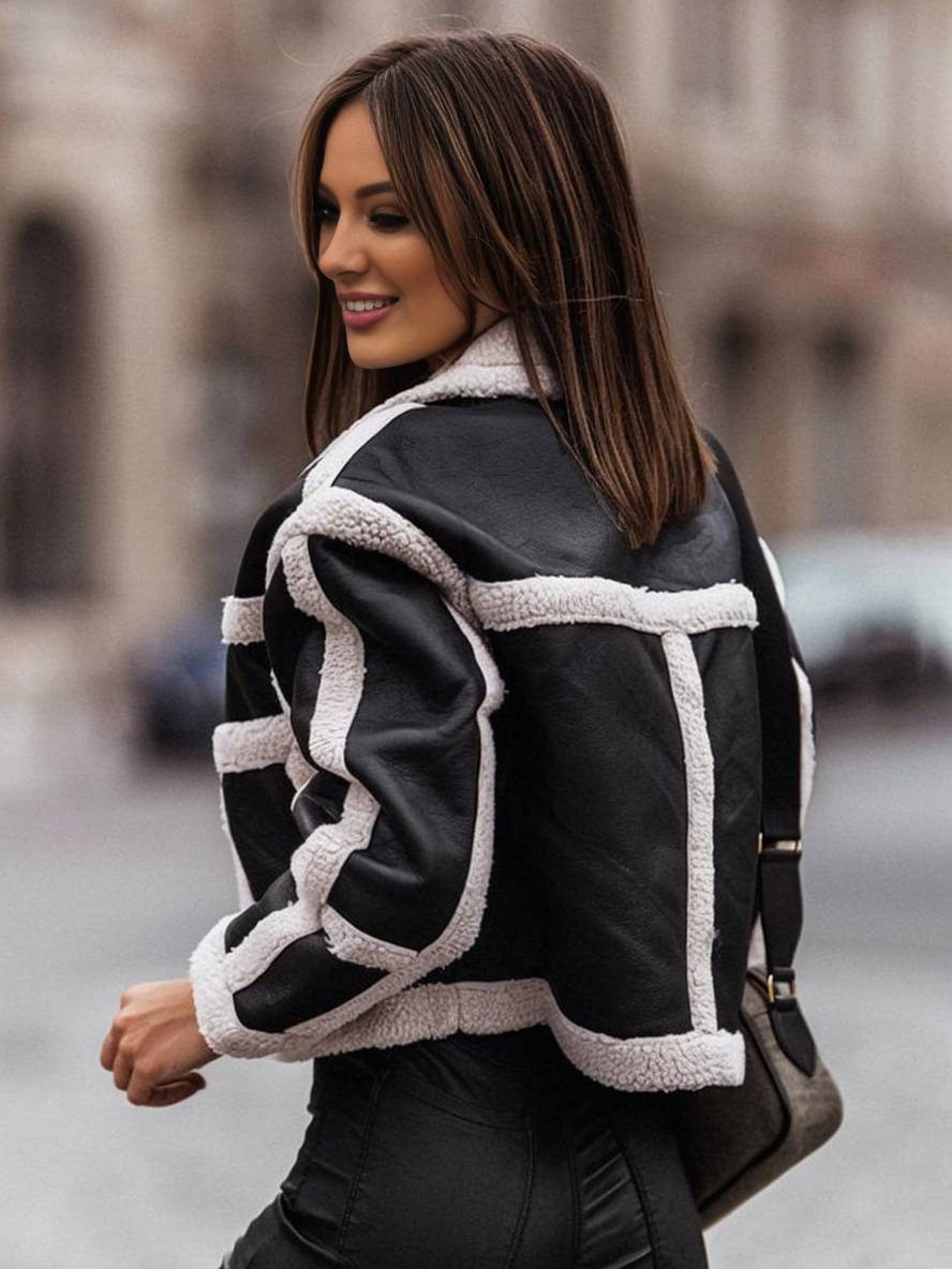 Levoire | Veste Aviateur Courte À Carreaux En Peau De Mouton Poches Col À Revers Dames Style Boyfriend Perfecto Veste