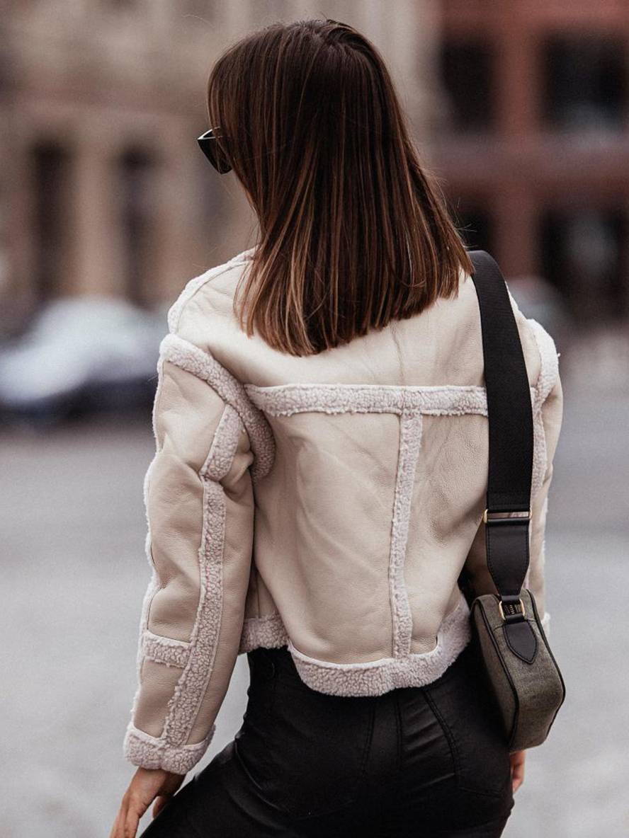 Levoire | Veste Aviateur Courte À Carreaux En Peau De Mouton Poches Col À Revers Dames Style Boyfriend Perfecto Veste