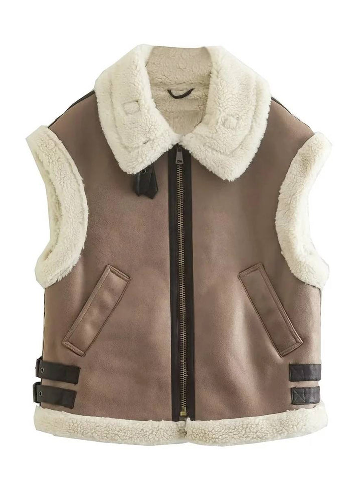 Levoire | Gilet En Daim Sans Manches, Doublé En Polaire, Avec Poches, Ceinture, Boucle Chunky, Gilet Décontracté Pour Femmes En Suedine