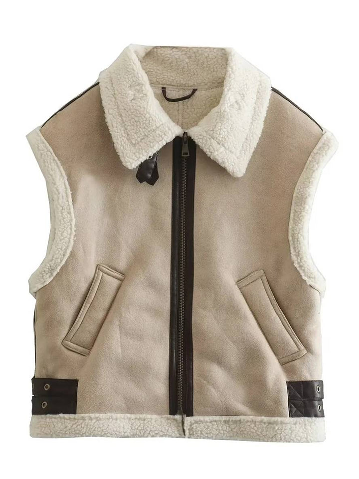Levoire | Gilet En Daim Sans Manches, Doublé En Polaire, Avec Poches, Ceinture, Boucle Chunky, Gilet Décontracté Pour Femmes En Suedine Khaki