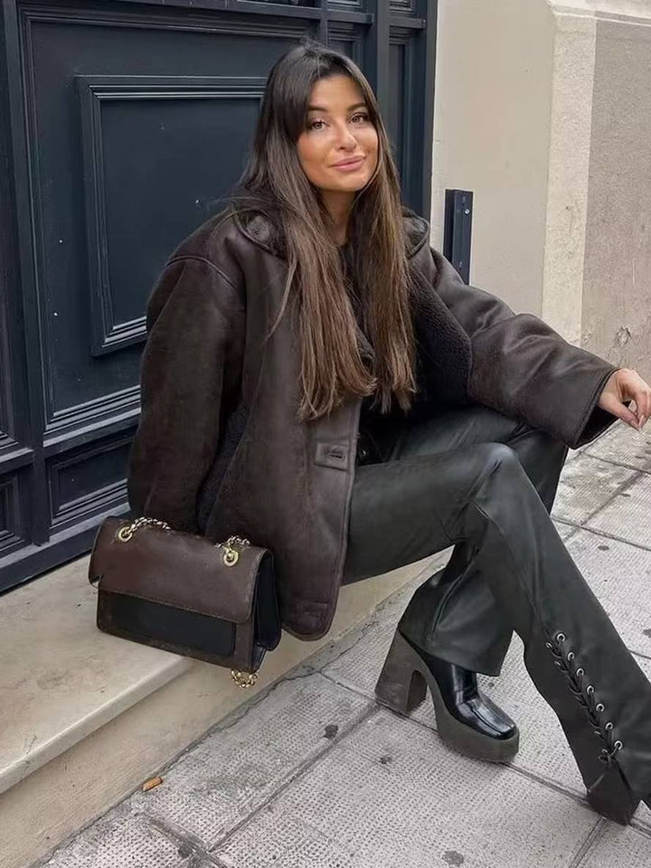 Levoire | Manteau Pilote En Daim Avec Doublure Polaire Boutons Poches Col Fendu Mode De Loisirs Pour Femmes Veste En Daim
