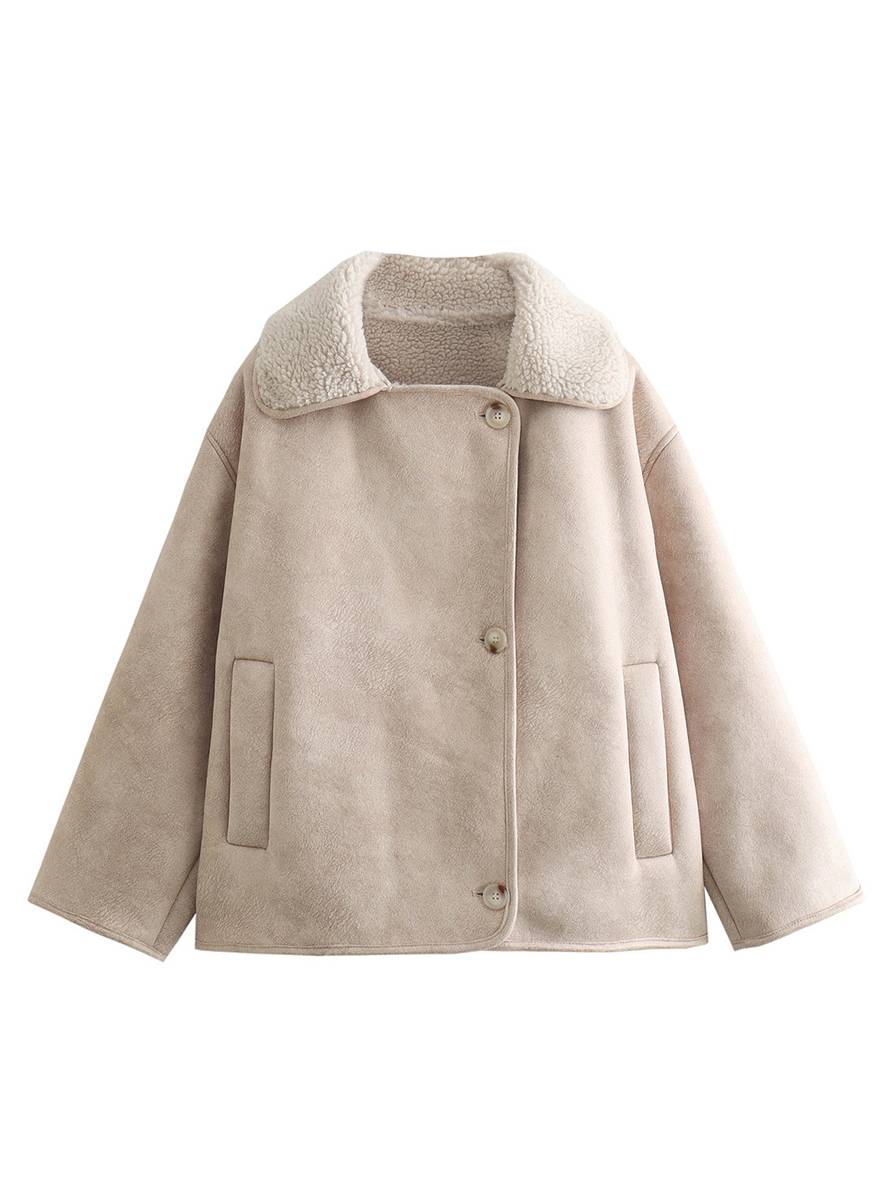 Levoire | Veste Aviateur En Daim Patte De Boutonnage Poches Col À Revers Manches Longues Femme Décontracté Grande Taille Veste