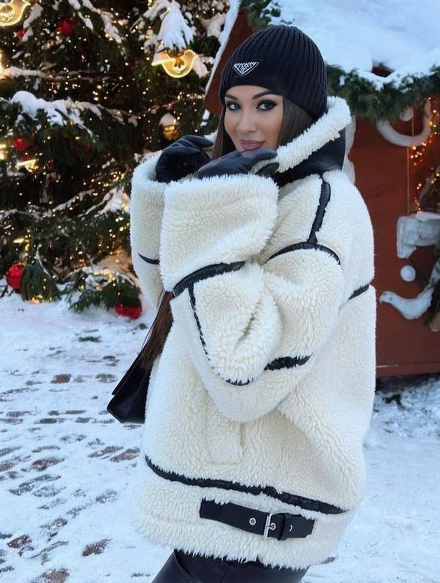 Levoire | Veste Pilote Col À Revers Poches Boucle Épaisse Manches Longues Femmes Décontractée Surdimensionnée Manteau D'Hiver Blanche