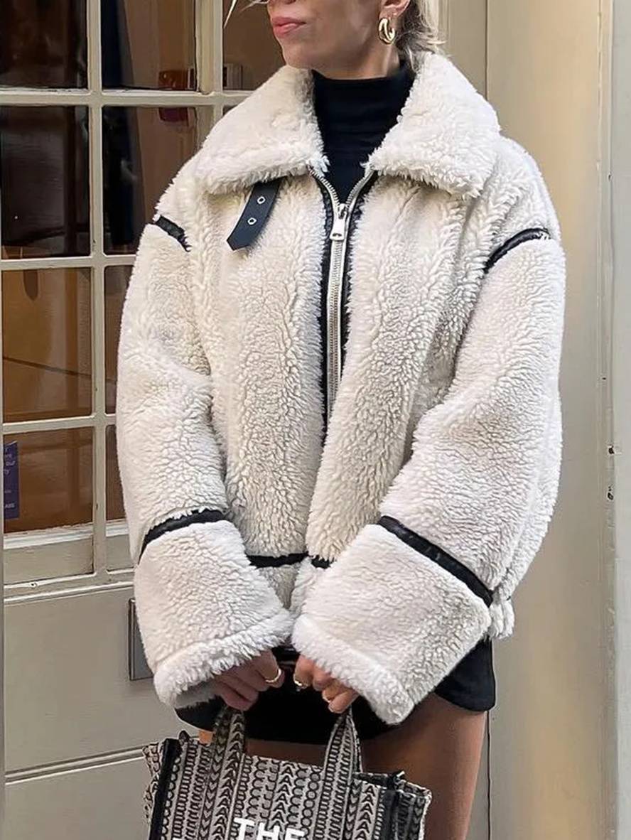 Levoire | Veste Pilote Col À Revers Poches Boucle Épaisse Manches Longues Femmes Décontractée Surdimensionnée Manteau D'Hiver