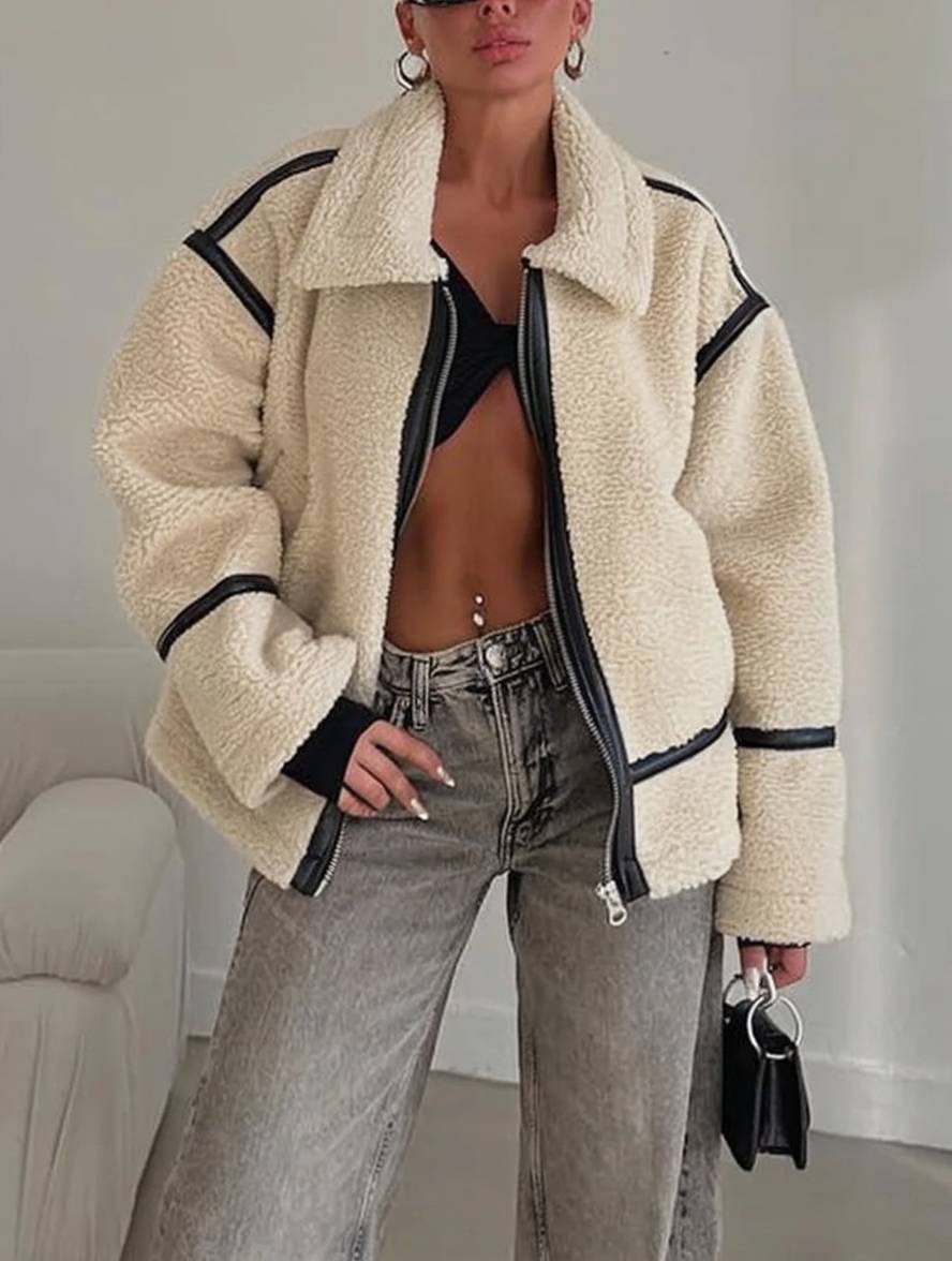 Levoire | Veste Pilote Col À Revers Poches Boucle Épaisse Manches Longues Femmes Décontractée Surdimensionnée Manteau D'Hiver