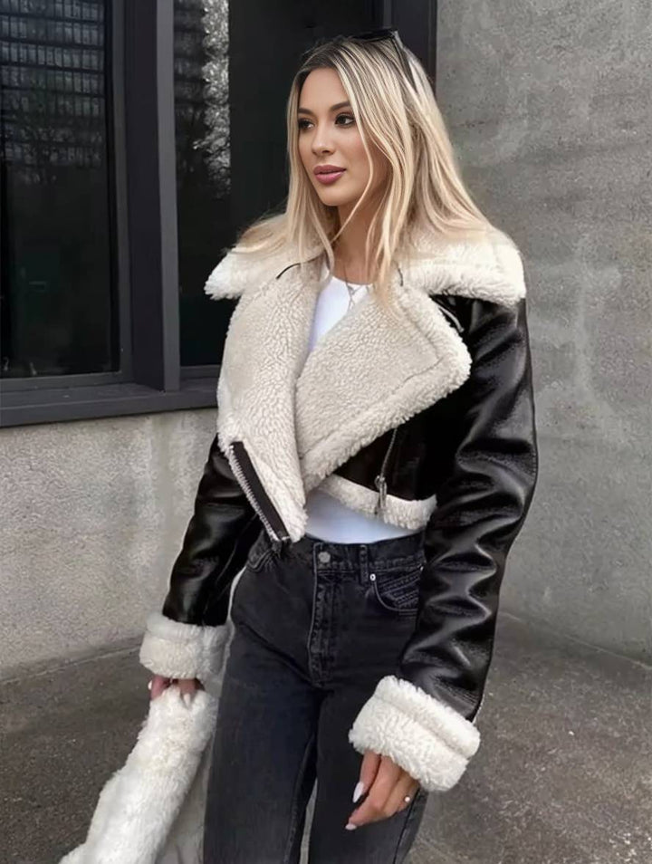 Levoire | Manteau Aviateur Court Cuir Synthétique Col En Fleece Polo Manches Longues Femme Mode Décontractée Veste Noir