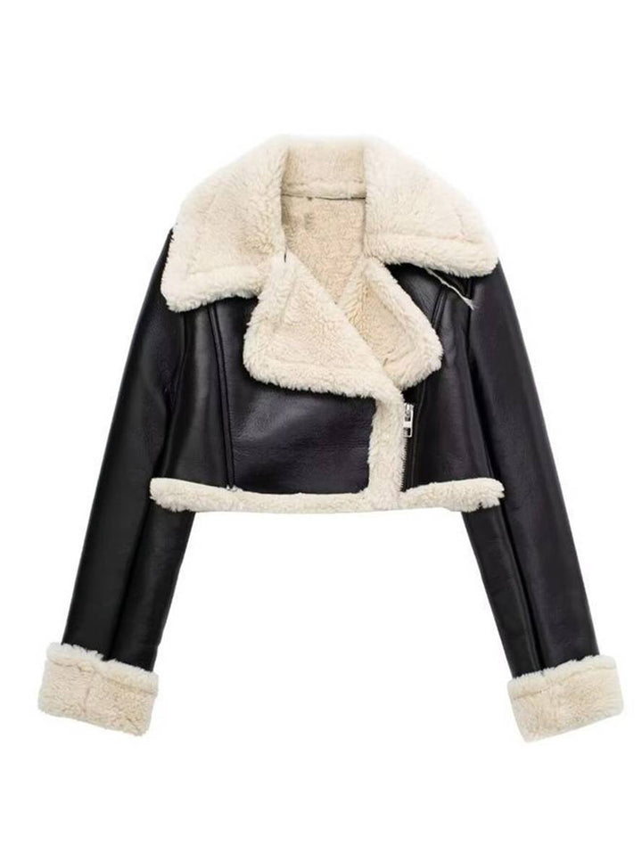 Levoire | Manteau Aviateur Court Cuir Synthétique Col En Fleece Polo Manches Longues Femme Mode Décontractée Veste