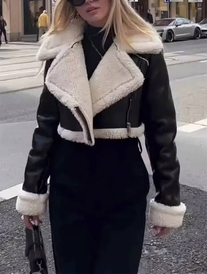 Levoire | Manteau Aviateur Court Cuir Synthétique Col En Fleece Polo Manches Longues Femme Mode Décontractée Veste