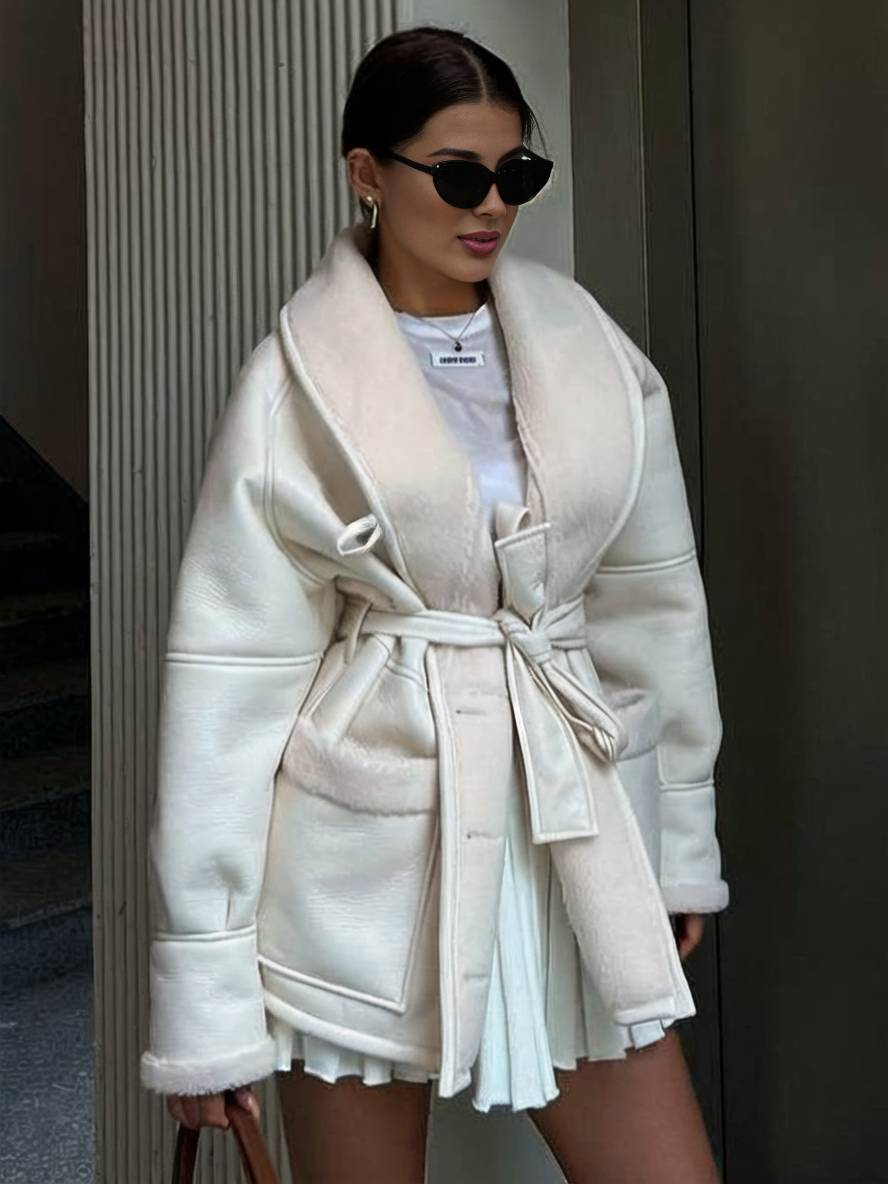 Levoire | Manteau Pilote Mi-Long En Simili Cuir Avec Doublure En Fleece, Poches, Ceinture, Col À Revers Pour Femmes, Style Décontracté, Veste D'Hiver Ample Blanche