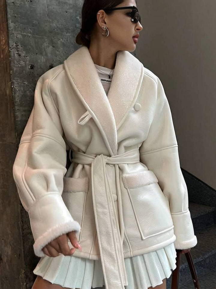 Levoire | Manteau Pilote Mi-Long En Simili Cuir Avec Doublure En Fleece, Poches, Ceinture, Col À Revers Pour Femmes, Style Décontracté, Veste D'Hiver Ample