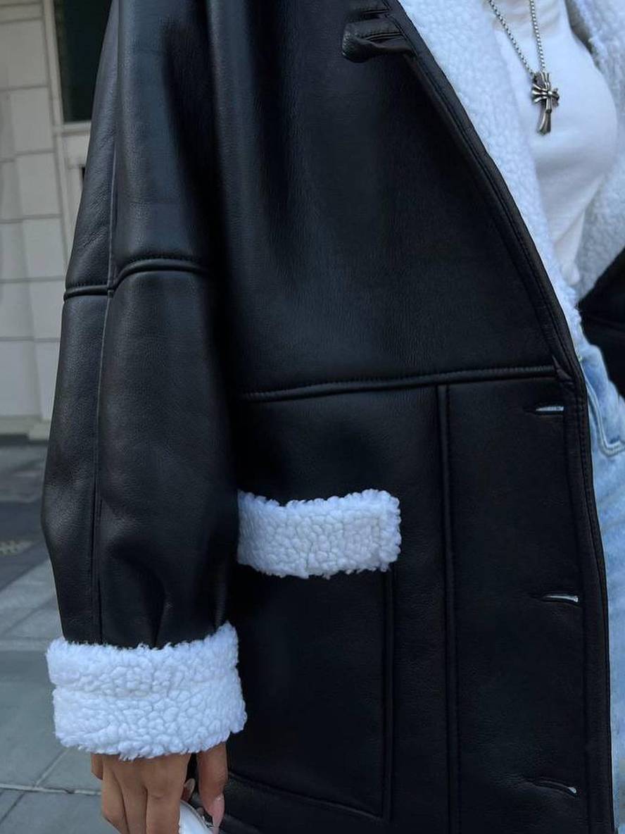 Levoire | Manteau Pilote Mi-Long En Simili Cuir Avec Doublure En Fleece, Poches, Ceinture, Col À Revers Pour Femmes, Style Décontracté, Veste D'Hiver Ample