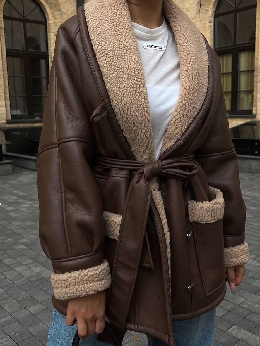 Levoire | Manteau Pilote Mi-Long En Simili Cuir Avec Doublure En Fleece, Poches, Ceinture, Col À Revers Pour Femmes, Style Décontracté, Veste D'Hiver Ample Braun