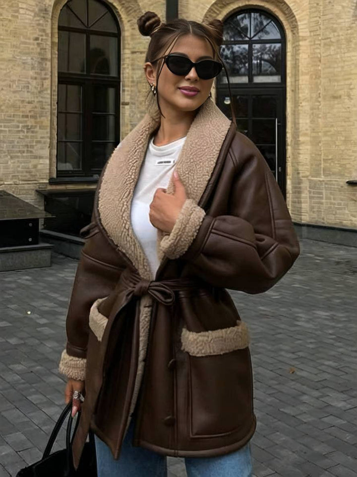 Levoire | Manteau Pilote Mi-Long En Simili Cuir Avec Doublure En Fleece, Poches, Ceinture, Col À Revers Pour Femmes, Style Décontracté, Veste D'Hiver Ample
