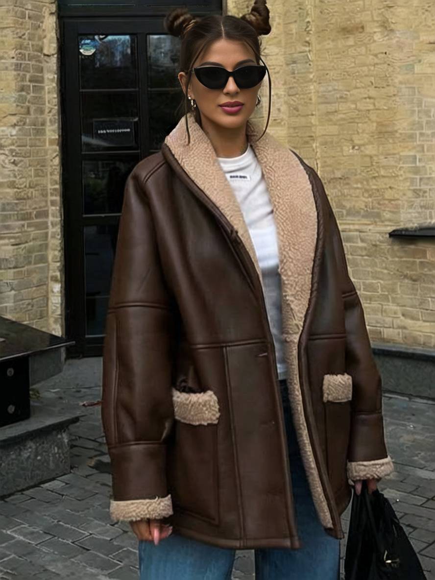 Levoire | Manteau Pilote Mi-Long En Simili Cuir Avec Doublure En Fleece, Poches, Ceinture, Col À Revers Pour Femmes, Style Décontracté, Veste D'Hiver Ample