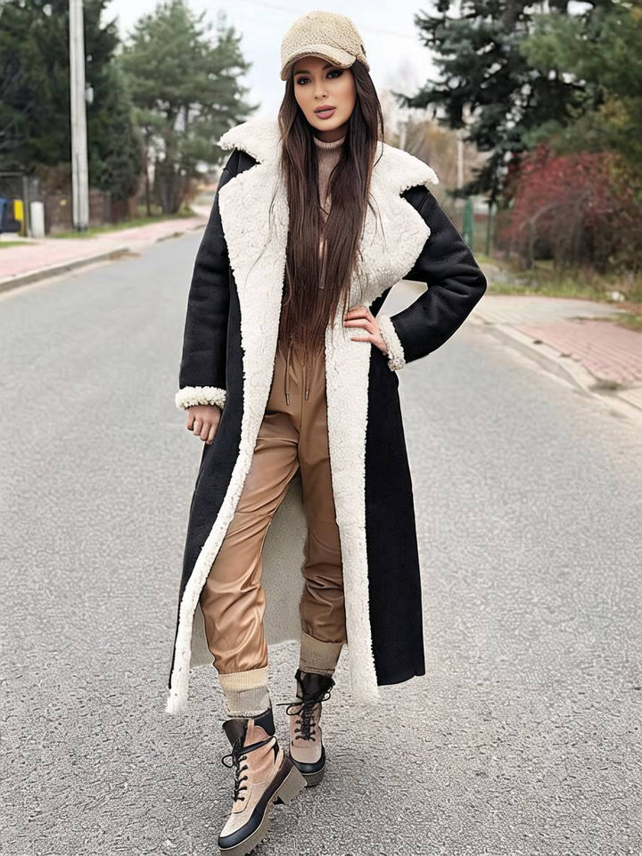 Levoire | Long Aviator Coat Faux Leather Pockets Lapel Collar Long Sleeves Women'S Elegant Casual Oversized Casual Winter Jacket Noir