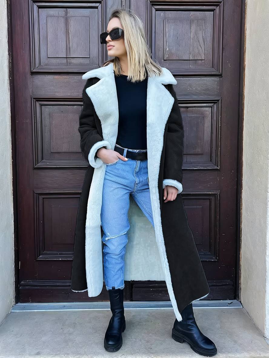 Levoire | Long Aviator Coat Faux Leather Pockets Lapel Collar Long Sleeves Women'S Elegant Casual Oversized Casual Winter Jacket