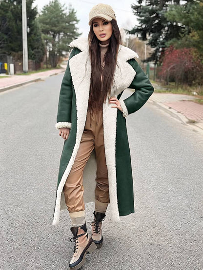 Levoire | Long Aviator Coat Faux Leather Pockets Lapel Collar Long Sleeves Women'S Elegant Casual Oversized Casual Winter Jacket Vert