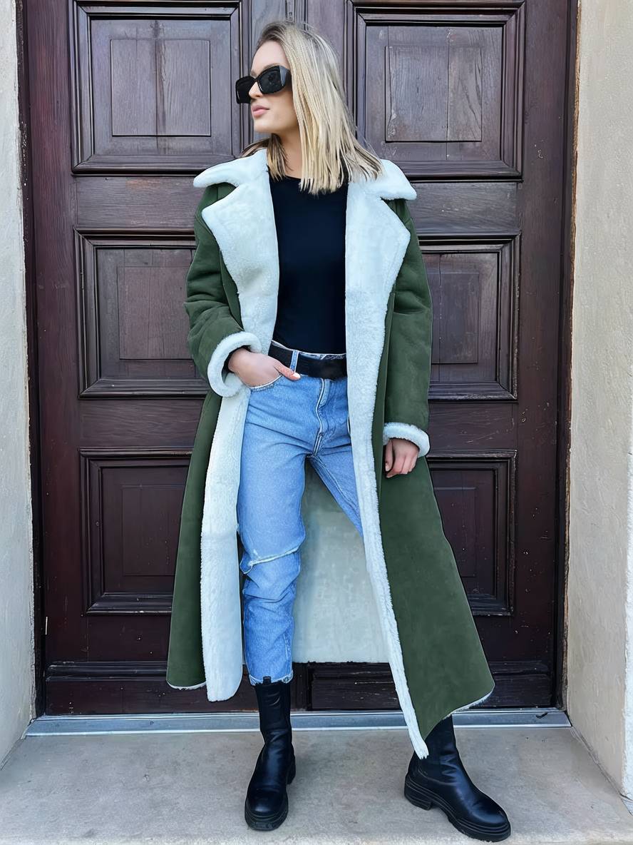 Levoire | Long Aviator Coat Faux Leather Pockets Lapel Collar Long Sleeves Women'S Elegant Casual Oversized Casual Winter Jacket