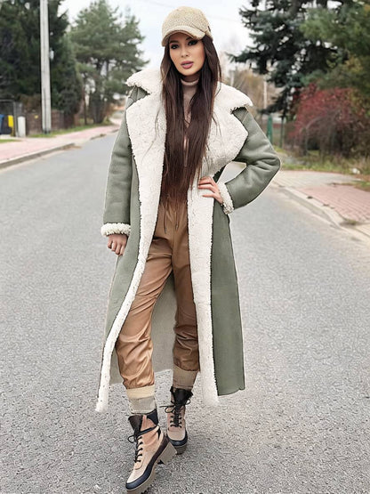 Levoire | Long Aviator Coat Faux Leather Pockets Lapel Collar Long Sleeves Women'S Elegant Casual Oversized Casual Winter Jacket