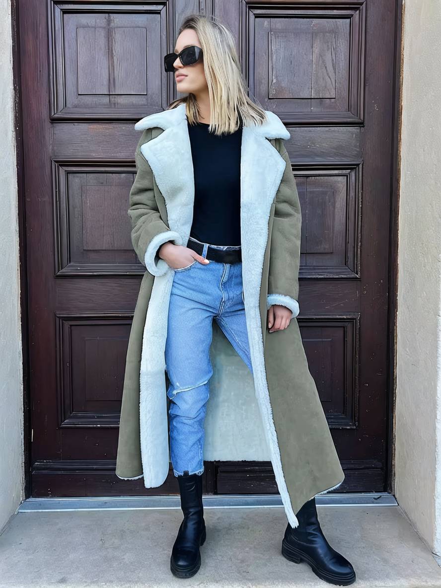 Levoire | Long Aviator Coat Faux Leather Pockets Lapel Collar Long Sleeves Women'S Elegant Casual Oversized Casual Winter Jacket