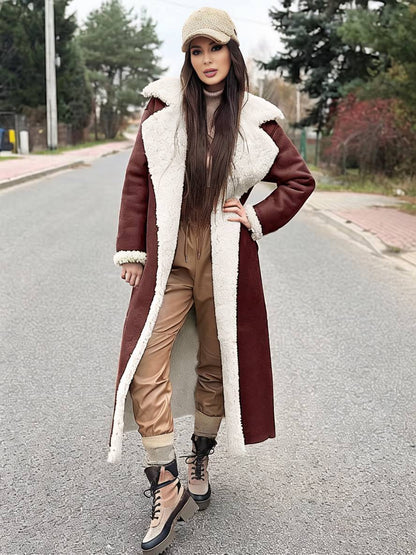 Levoire | Long Aviator Coat Faux Leather Pockets Lapel Collar Long Sleeves Women'S Elegant Casual Oversized Casual Winter Jacket Bordeaux