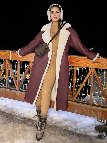 Levoire | Long Aviator Coat Faux Leather Pockets Lapel Collar Long Sleeves Women'S Elegant Casual Oversized Casual Winter Jacket