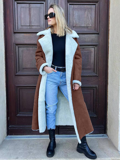 Levoire | Long Aviator Coat Faux Leather Pockets Lapel Collar Long Sleeves Women'S Elegant Casual Oversized Casual Winter Jacket Braun