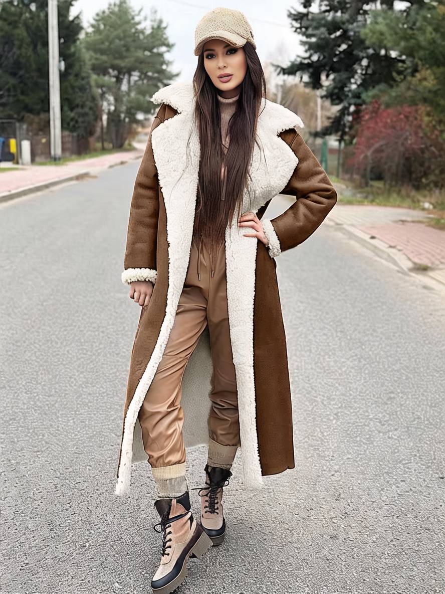 Levoire | Long Aviator Coat Faux Leather Pockets Lapel Collar Long Sleeves Women'S Elegant Casual Oversized Casual Winter Jacket Chameau