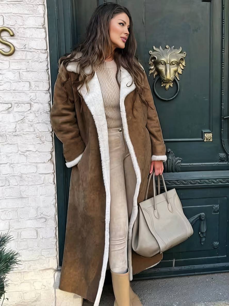 Levoire | Long Aviator Coat Faux Leather Pockets Lapel Collar Long Sleeves Women'S Elegant Casual Oversized Casual Winter Jacket